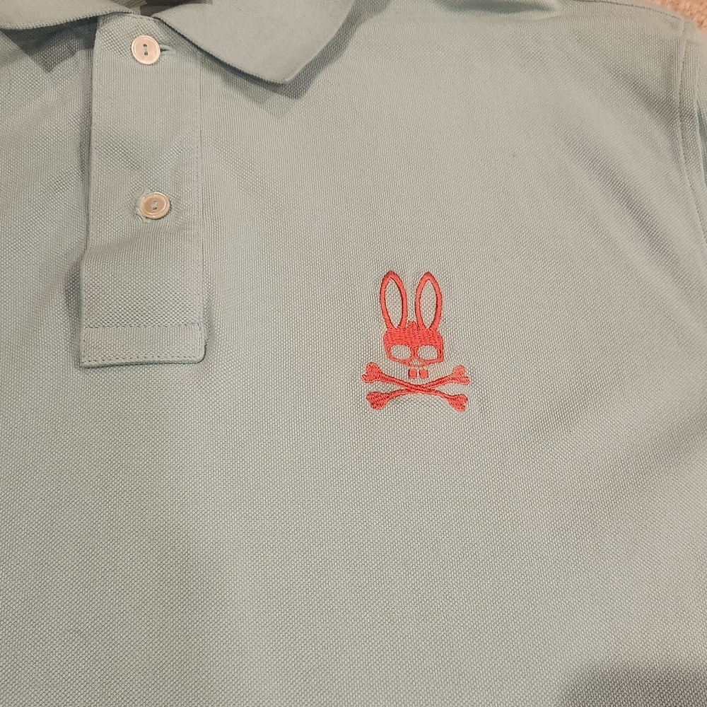 Light Blue 100% Pima Cotton Shirt w Orangw Bunny Logo, 7 UK,